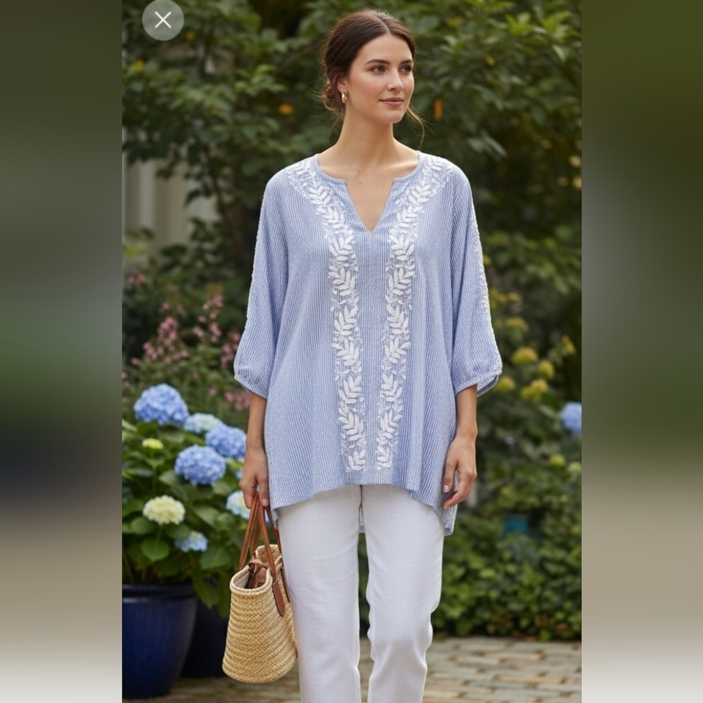 MADISON MATHEWS Blue White Striped Embroidered Tunic L Cotton 3/4 Sleeves NEW